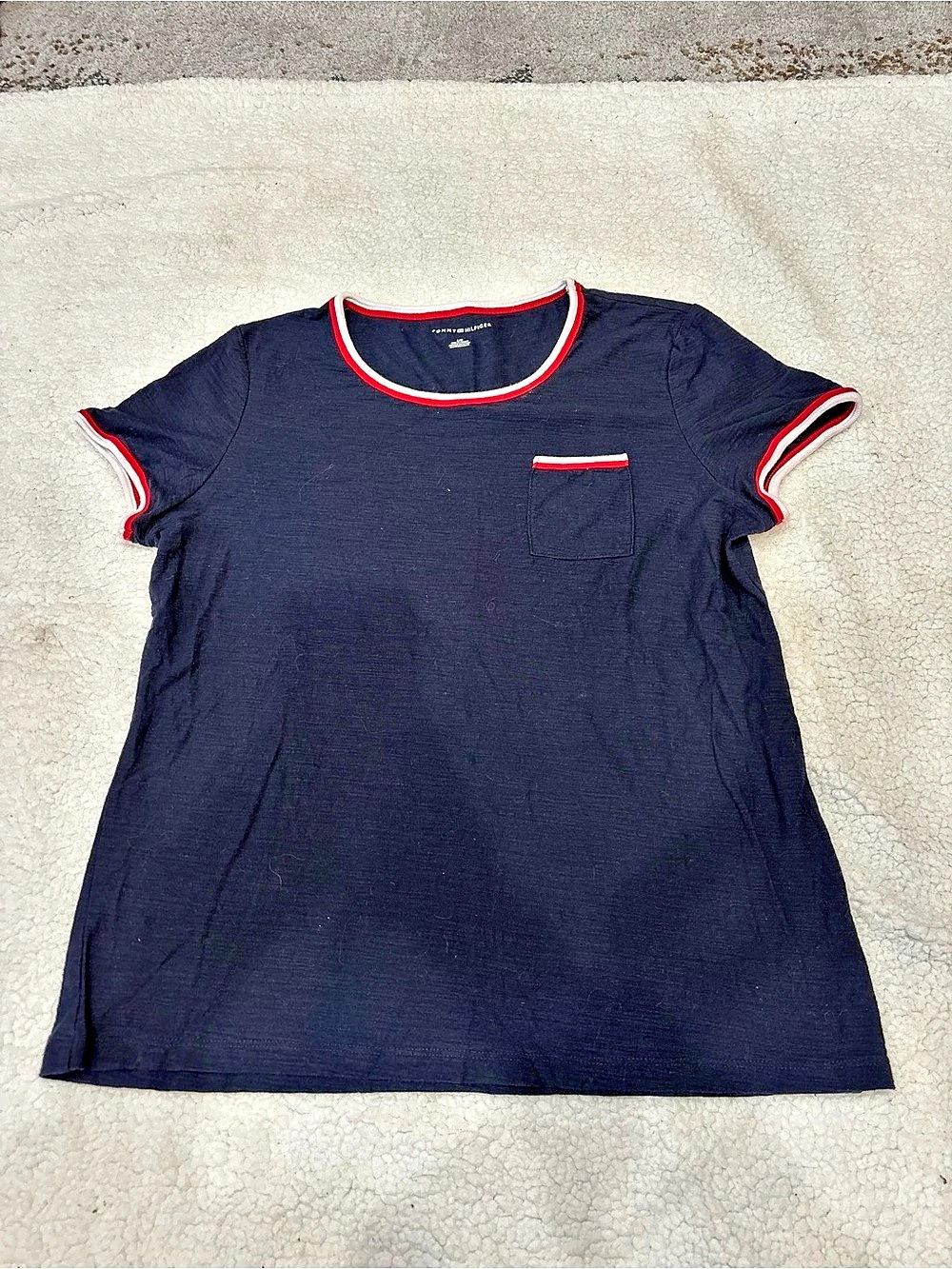 Tommy Hilfiger Ringer Pocket Tee Blue & Red Size Large